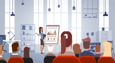 Business People Group at Conference Meeting Training Courses Flip Chart with Graph Flat Vector Illustration
