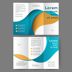 Color tri fold business brochure design template with abstract lines and waves