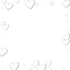 Cutout white paper hearts. Square scattered border with cutout white paper hearts on white background. Vector illustration.