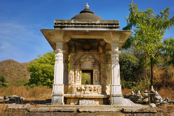 Ancient old hindu cenotaph next to the Jain Temple in Ranakpur, India