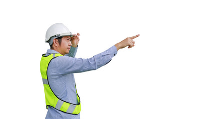 Male construction worker pointing up isolated on white background.