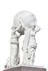 Statues of nymphs carrying the earth's sphere isolated on a white background, part of facade of the Main Admiralty (built in 1811), Saint Petersburg, Russia
