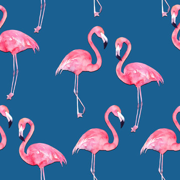 Watercolor seamless pattern with exotic flamingo on blue background. Summer decoration print for wrapping, wallpaper, fabric
