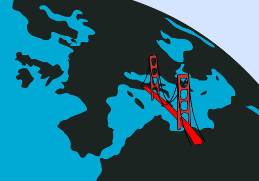 Red bridge from Africa to Europe as metaphor of open borders for moving people and immigrants between continents. Simple cartoon vector illustration