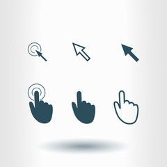 Cursor pointer icons. Click press and touch actions. Flat style.