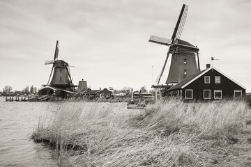 Windmills in Zaanse Schans town, retro