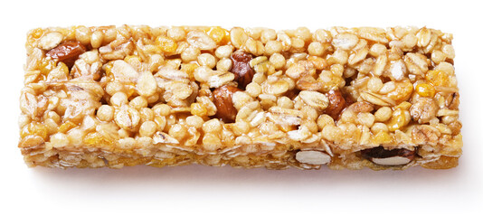 Obraz premium Front view of healthy granola bar (muesli or cereal bar) isolated on white background with clipping path