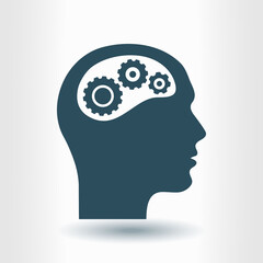 Thinking icon.  Silhouette of gear in head. Flat design style.