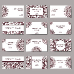 Set of business cards. Vintage pattern in retro style with mandala. Hand drawn Islam, Arabic, Indian, lace pattern.