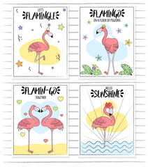 Doodle hand drawn rose pink flamingo card set