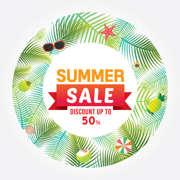 Vector of summer sale discount up to 50 % poster design template with tropical background.
