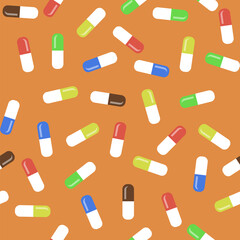 Colored Pills Isolated on Orange Background. Seamless Medical Pattern