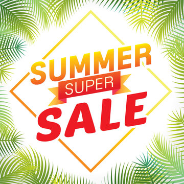 Vector of summer super sale poster design template with palm trees background.