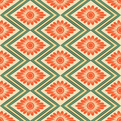Seamless background retro rhomb check sawtooth cross frame orange flower