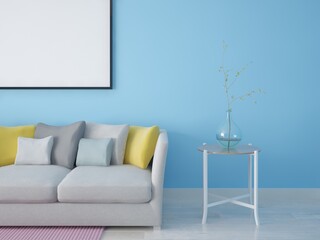 Mock up a comfortable living room with a compact sofa on a blue background.