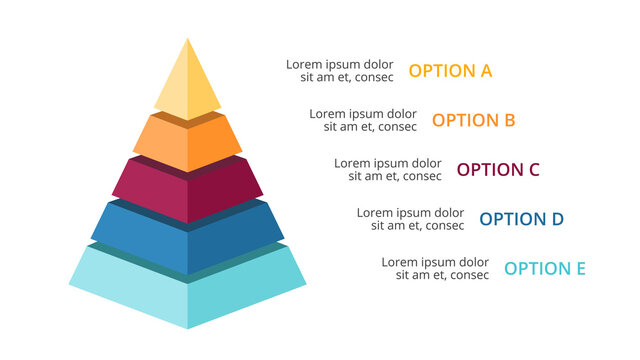 Vector 3d pyramid infographic, growth diagram chart, layered performance graph presentation. Business progress concept with 5 options, parts, steps, processes. 16x9 dark slide template.