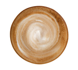 Top view of hot coffee latte cappuccino spiral foam isolated on white background, clipping path included
