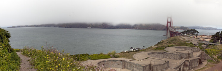 Pacific Ocean entrance to San Francisco Bay with the Golden Gate Bridge. Panorama.