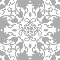 Halftone round black seamless background Asian botanic garden spiral vine leaf flower chintz