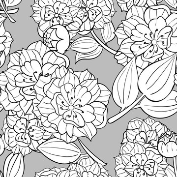 Seamless flower pattern. Hand drawn large peonies. White and black colors. Vector illustration.