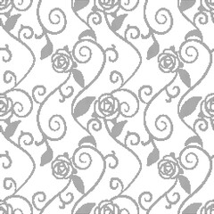 Halftone round black seamless background spiral leaf vine rose flower