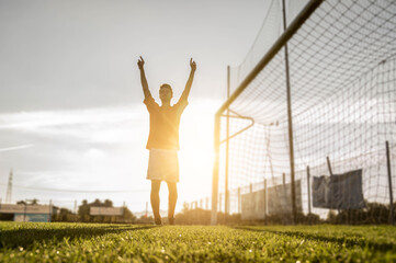 Successful soccer player laughed up his arms to the sky - obrazy, fototapety, plakaty