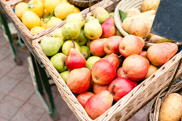 Fruit market with various colorful fresh fruits and vegetables - Market series
