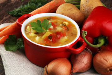 Barley and vegetable thick healthy soup. Krupnik thick Polish soup made from vegetable or broth, containing potatoes and barley groats