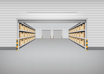 Warehouse or industrial building. Consist of cargo box on shelf and empty space. Use as distribution center for loading, storage, warehousing, shipping and freight forwarding. Vector illustration.