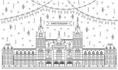 Rijksmuseum in Amsterdam. Vector ilustration of dutch castle in line style.