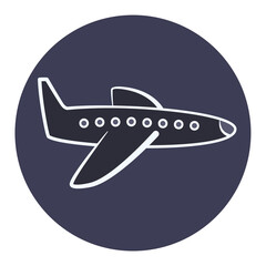 Flat dark cartoon plane with white outline icon, airplane symbol, side view