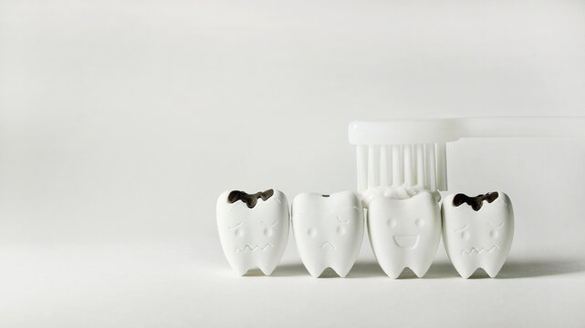 Toothbrush with Toothpaste on Teeth model in happy emotion among Decayed Tooth , if brush the teeth, teeth will good healthy
