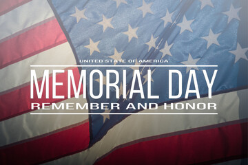 Text Memorial Day and Honor on flowing American flag background. Concept of Memorial day or Veteran's day in America.