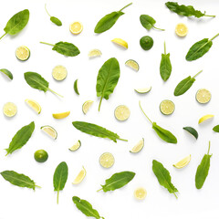 Pattern of citrus. Sorrel, slices of lemon and lime isolated on white background. Abstract food background.
