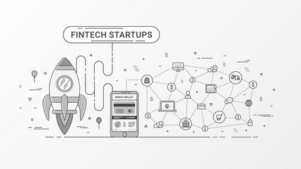 Fintech startup infographic. Financial technology and new business investment with blockchain technology contain Rocket, Digital mobile wallet and Mobile payment, Online shopping icons and e-commerce.