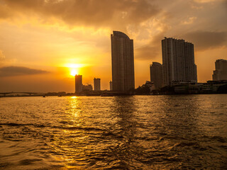 sunset view in Chaopraya river from the boat
