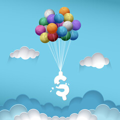 Broken dollar with colourful balloon