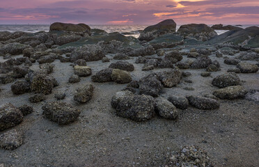 Rocks on the beach with sunset sky.