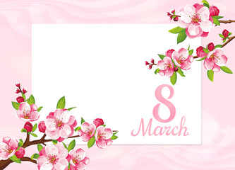 VECTOR eps 10.  Japanese flowering on the branch with blue background. For Mother's day with beauty number 8. 
