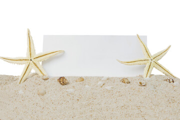 Sea stars and banner on sand