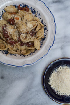 Orecchiette Pasta Ingredients Preparations With Mixed Vegetable Seasoning, Cheese, Bay Scallops, Handmade