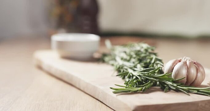 Slide shot of herbs for beef steak, 4k prores footage