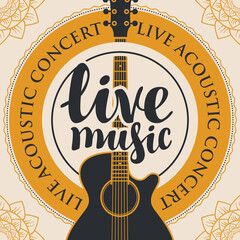 banner with acoustic guitar, inscription live music and the words live acoustic concert, written around with floral patterns in the corners