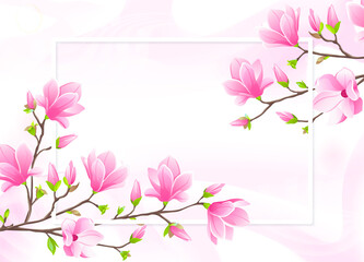 VECTOR eps 10. Magnolia flowers on the branch. White frame for text. 