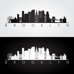 Brooklyn, New York city, USA skyline and landmarks silhouette, black and white design. - obrazy, fototapety, plakaty
