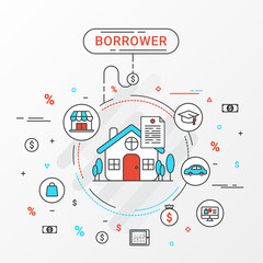 Fototapeta na wymiar Borrower infographics design concept. Flat line vector image contains loan shopping, education, trading, home loan trading, commerce, and business