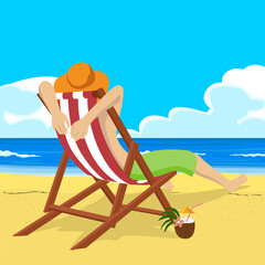 Young man in straw hat sitting in deck chair on tropical beach looks into the distance