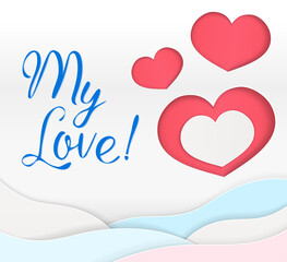 VECTOR eps 10. Happy Valentines Day card! Paper origami art, craft style in illustration. Rose-colour and blue paper in kind of paper origami waves.
