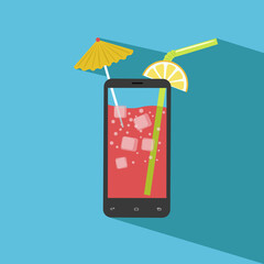 Smartphone filled with fresh juice. Icecubes, umbrella, slice of lemon, straw