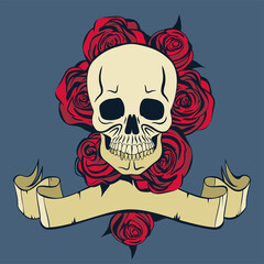 Skull and red roses on a dark background. Vector illustration